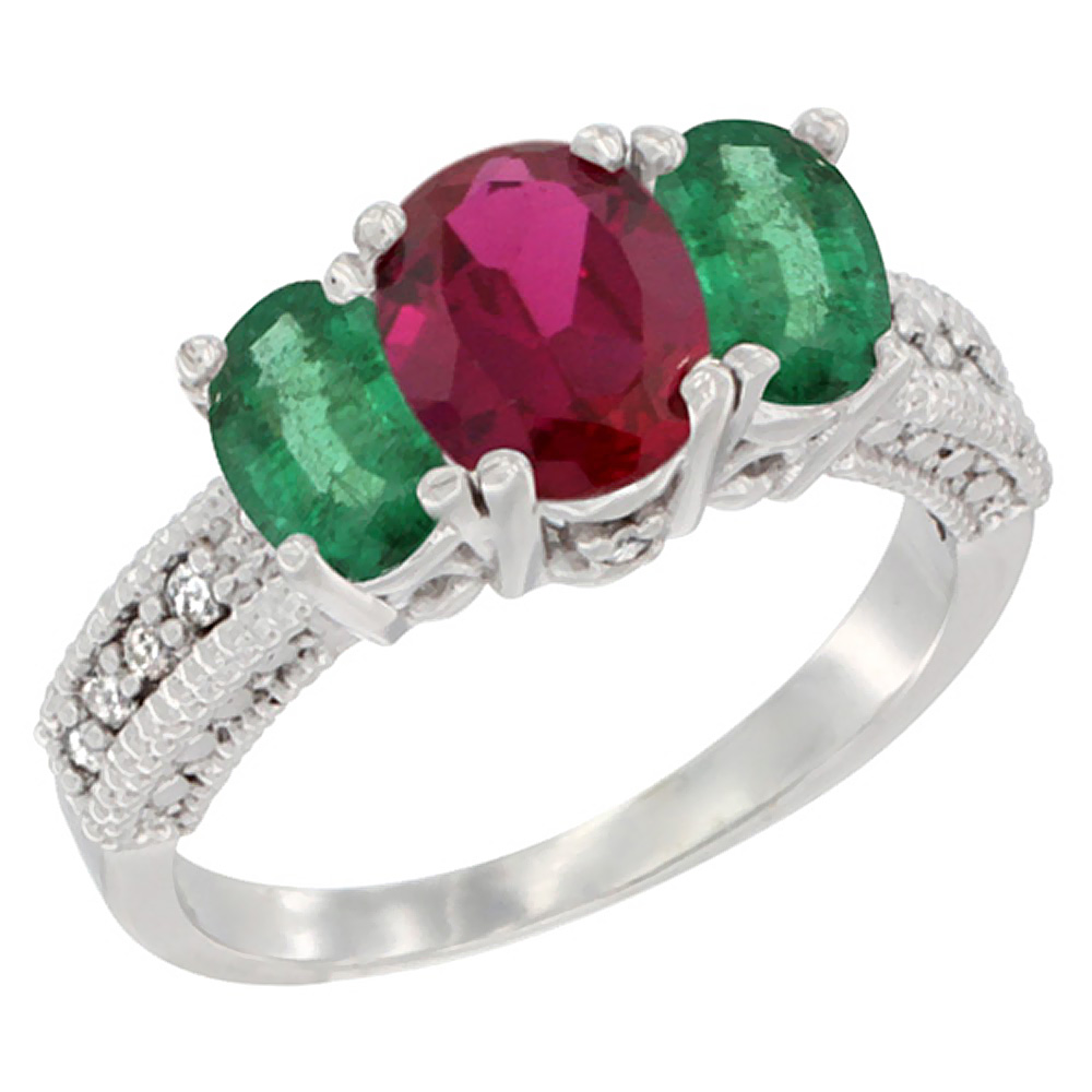 Sabrina Silver 14K White Gold Diamond Quality Ruby 7x5mm & 6x4mm Quality Emerald Oval 3-stone Mothers Ring,size 5 - 10