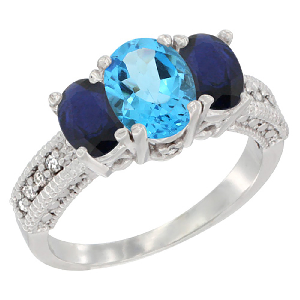 Sabrina Silver 14K White Gold Diamond Natural Swiss Blue Topaz 7x5mm&6x4mmQuality Blue Sapphire Oval 3-stone Ring,sz5-10