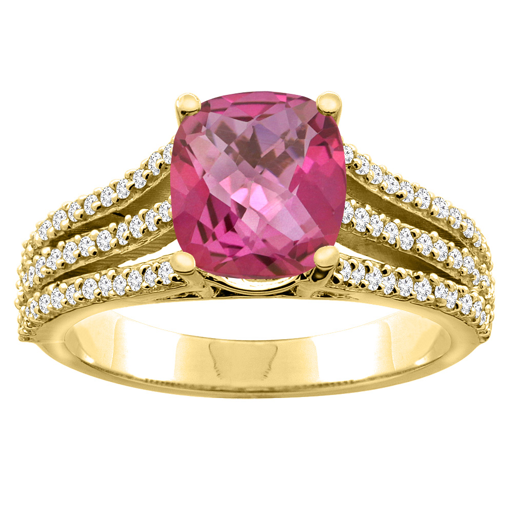 Sabrina Silver 10K Yellow Gold Diamond Natural Pink Topaz Tri-split Ring Cushion-cut 8x6mm, sizes 5 - 10