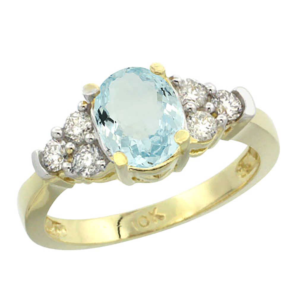 Sabrina Silver 14K Yellow Gold Natural Aquamarine Ring Oval 9x7mm Diamond Accent, sizes 5-10