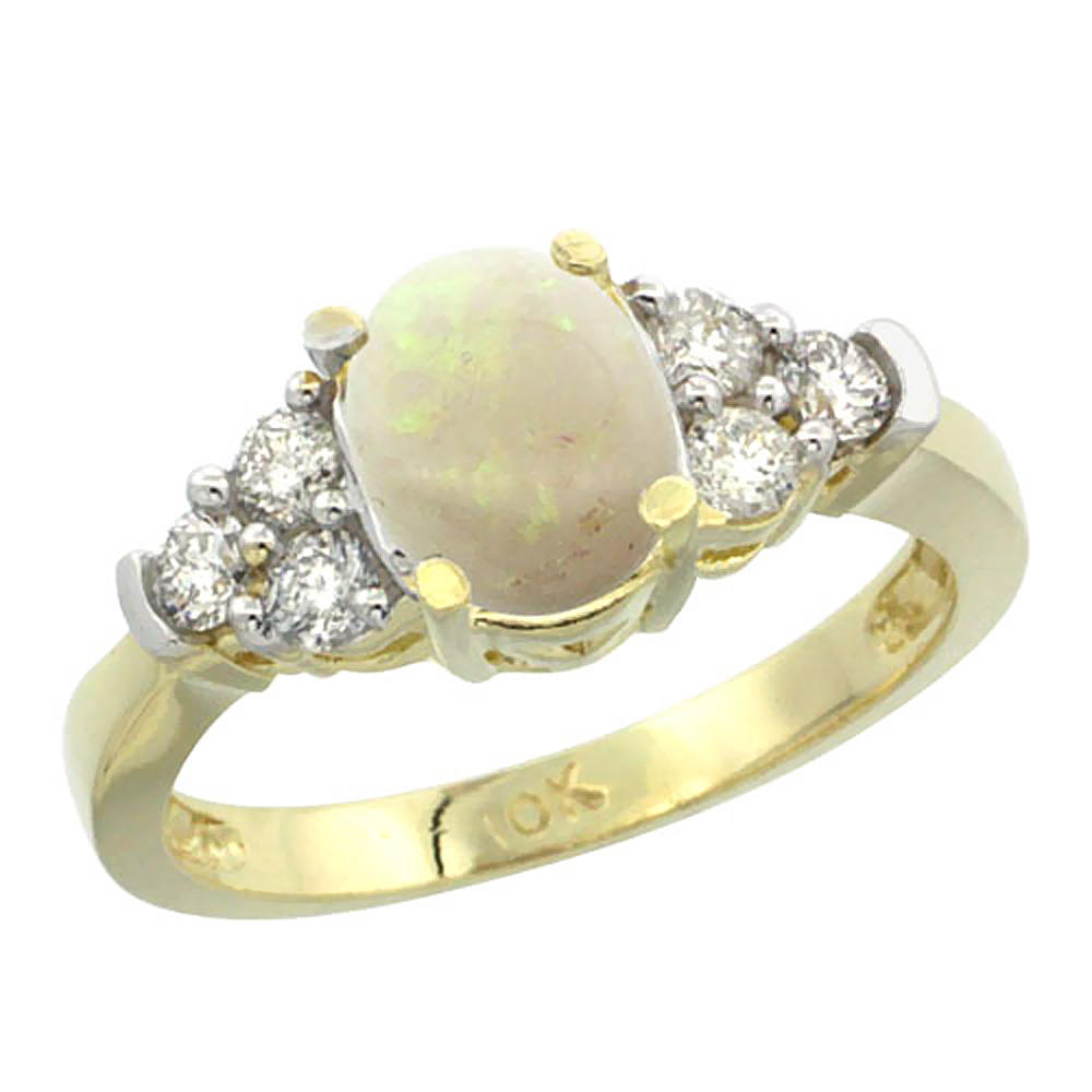 Sabrina Silver 14K Yellow Gold Natural Opal Ring Oval 9x7mm Diamond Accent, sizes 5-10