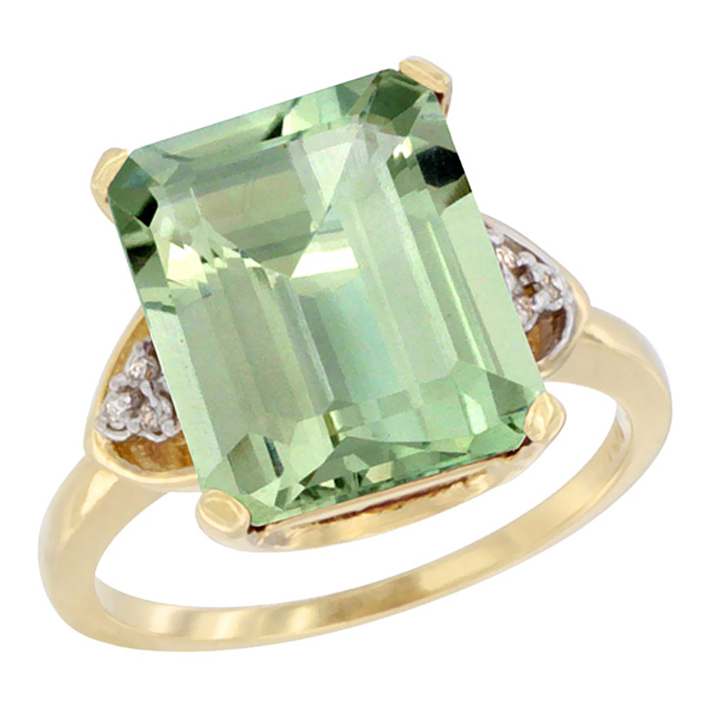 Sabrina Silver 14K Yellow Gold Diamond Natural Green Amethyst Ring Octagon 12x10 mm, sizes 5-10