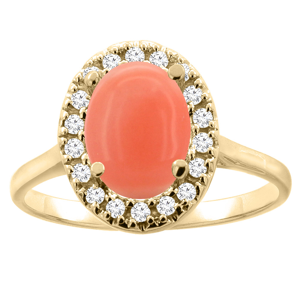 Sabrina Silver 10K Gold Natural Coral Halo Ring Oval 9x7mm Diamond Accent, sizes 5 - 10