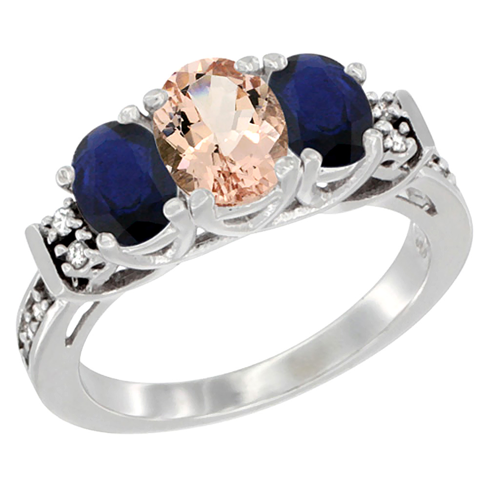 Sabrina Silver 14K White Gold Natural Morganite & Quality Blue Sapphire 3-stone Mothers Ring Oval Diamond Accent, sz5-10