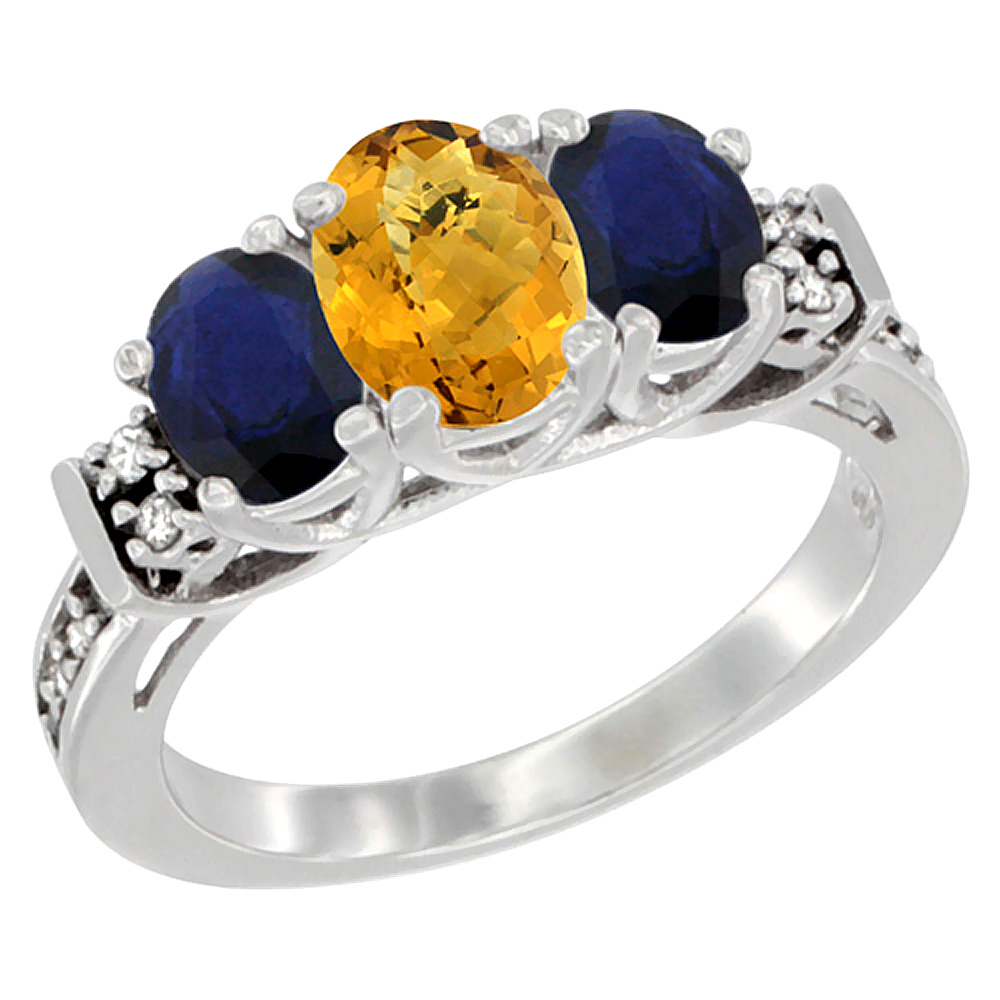 Sabrina Silver 14K White Gold Diamond Natural Whisky Quartz & Quality Blue Sapphire Engagement Ring Oval , size5-10
