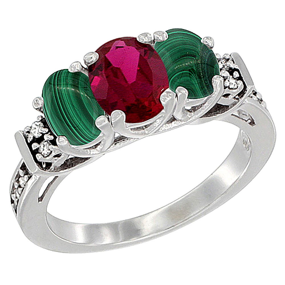 Sabrina Silver 14K White Gold Natural Quality Ruby & Malachite 3-stone Mothers Ring Oval Diamond Accent, size 5-10