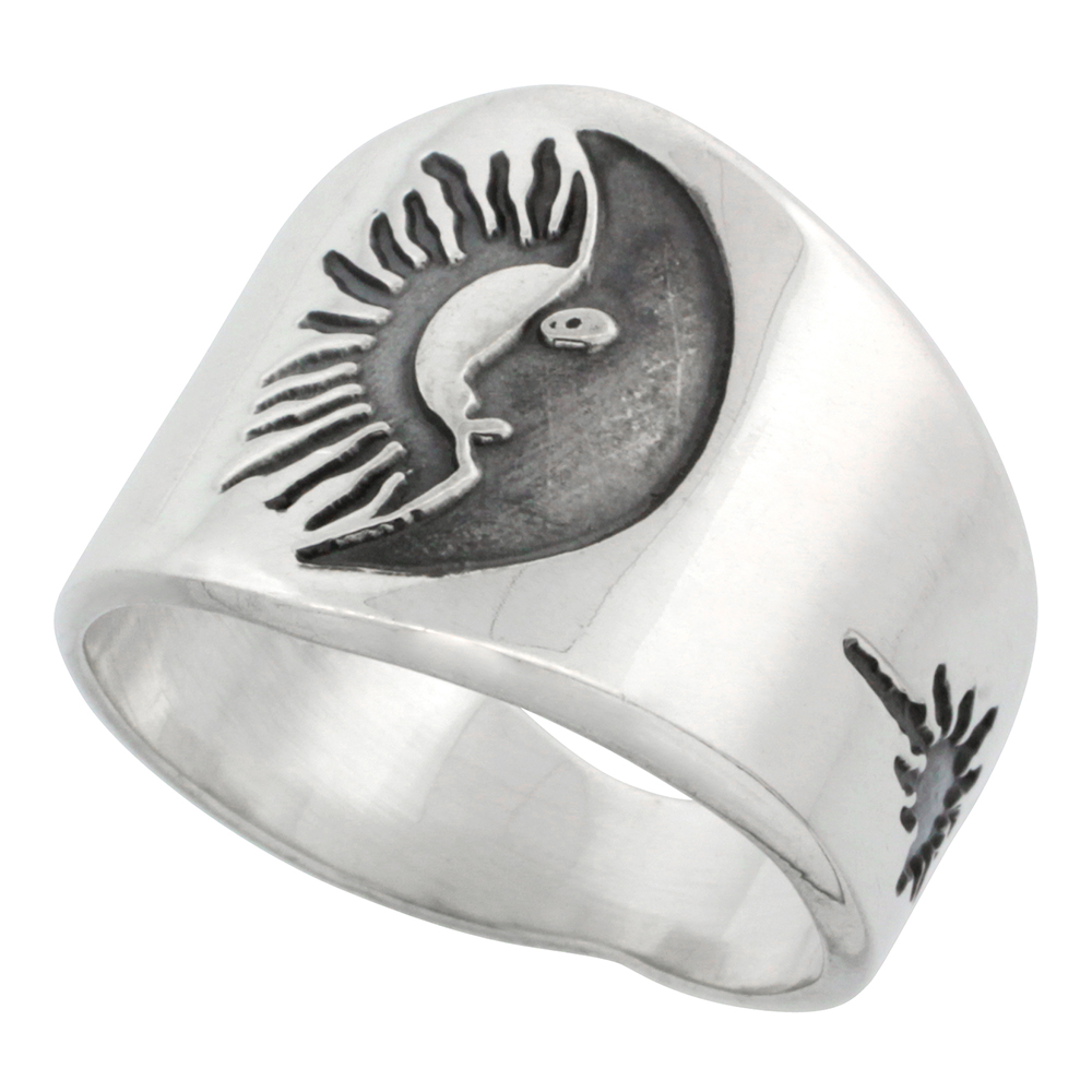 Sabrina Silver Sterling Silver Sun & Moon Ring for Men with Sunburst Design Sides 17mm wide, sizes 8 - 13
