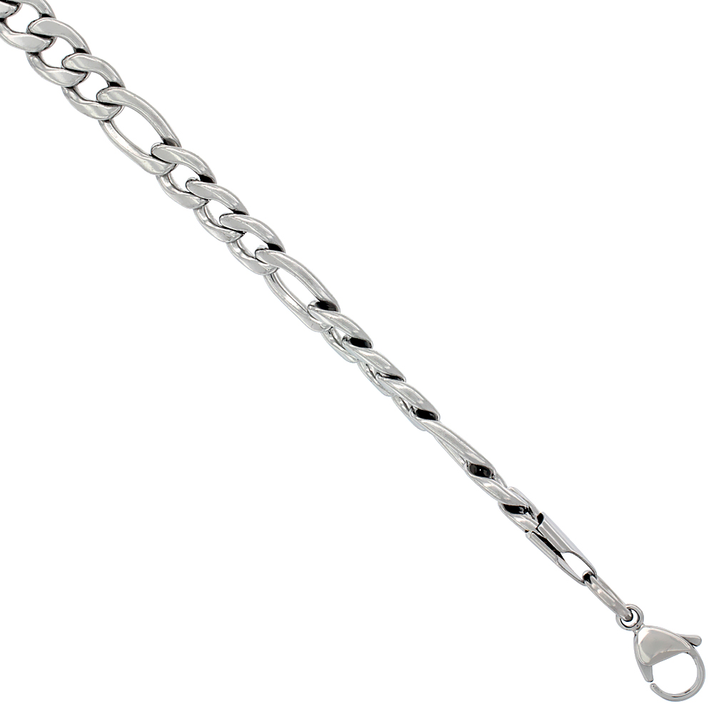 Sabrina Silver Surgical Steel Figaro Chain Bracelet 5/16 inch wide, available sizes 8.5, 9 inch