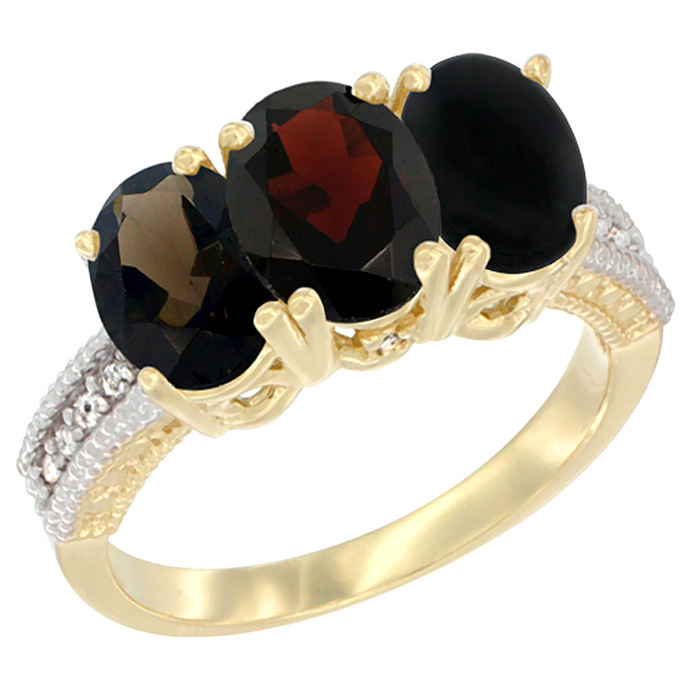 Sabrina Silver 14K Yellow Gold Natural Smoky Topaz  Garnet & Black Onyx Ring 3-Stone 7x5 mm Oval Diamond Accent  sizes 5 - 10
