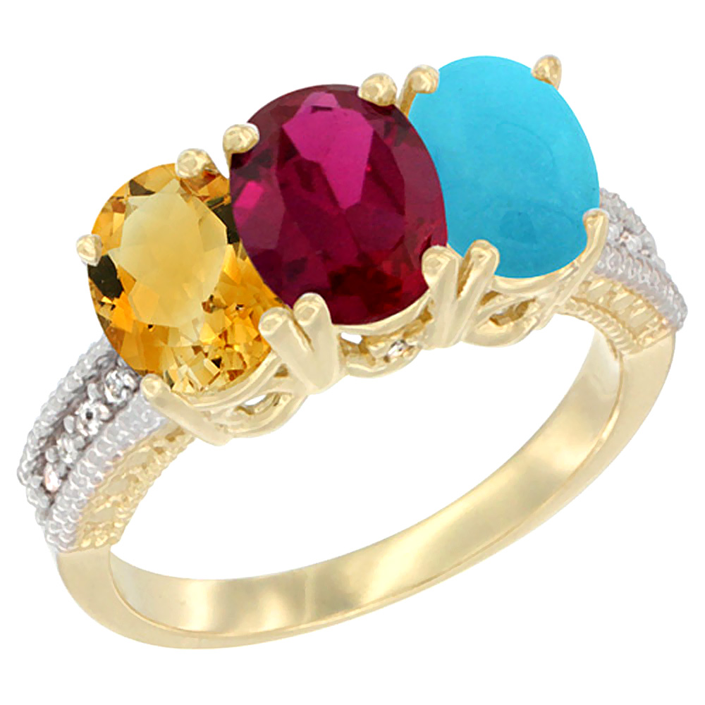 Sabrina Silver 14K Yellow Gold Natural Citrine  Enhanced Ruby & Natural Turquoise Ring 3-Stone 7x5 mm Oval Diamond Accent  sizes 5 - 10