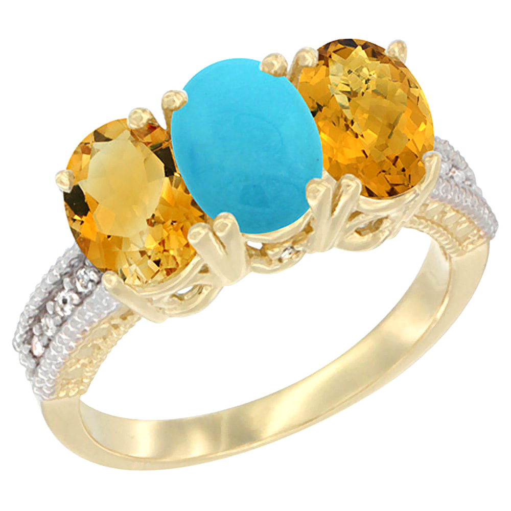 Sabrina Silver 14K Yellow Gold Natural Citrine  Turquoise & Whisky Quartz Ring 3-Stone 7x5 mm Oval Diamond Accent  sizes 5 - 10