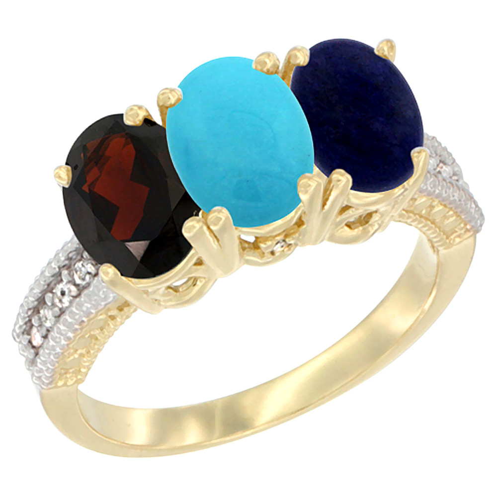 Sabrina Silver 10K Yellow Gold Diamond Natural Garnet  Turquoise & Lapis Ring 3-Stone 7x5 mm Oval  sizes 5 - 10
