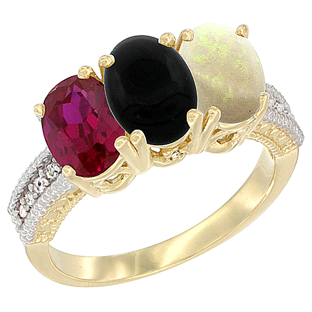 Sabrina Silver 10K Yellow Gold Enhanced Ruby  Natural Black Onyx & Opal Ring 3-Stone Oval 7x5 mm  sizes 5 - 10