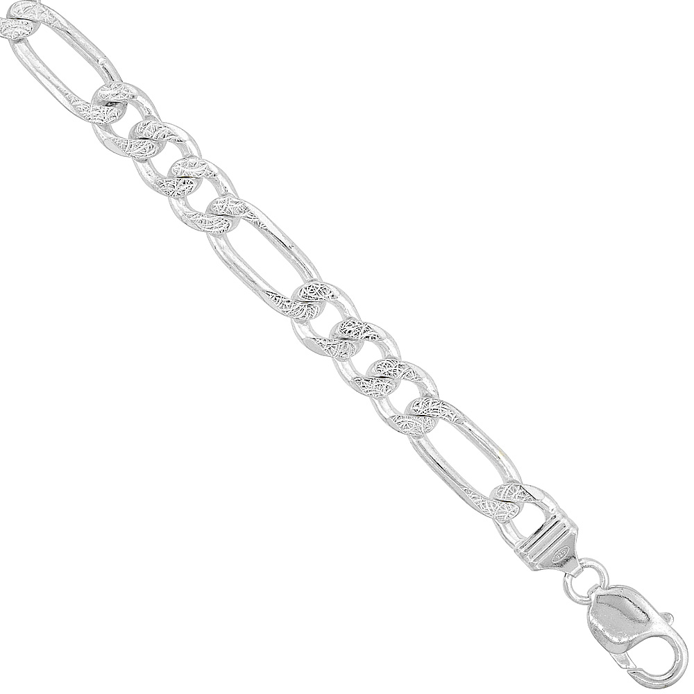 Sabrina Silver Sterling Silver Thick Figaro Link Chain Necklace 9mm Pave Cut Beveled Nickel Free Italy, 7-30 inch