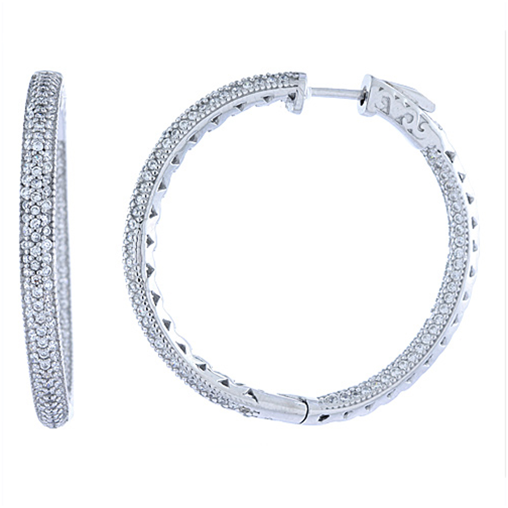 Sabrina Silver Sterling Silver Micro Pave CZ Inside-Out Hoop Earrings Round Rhodium Finish