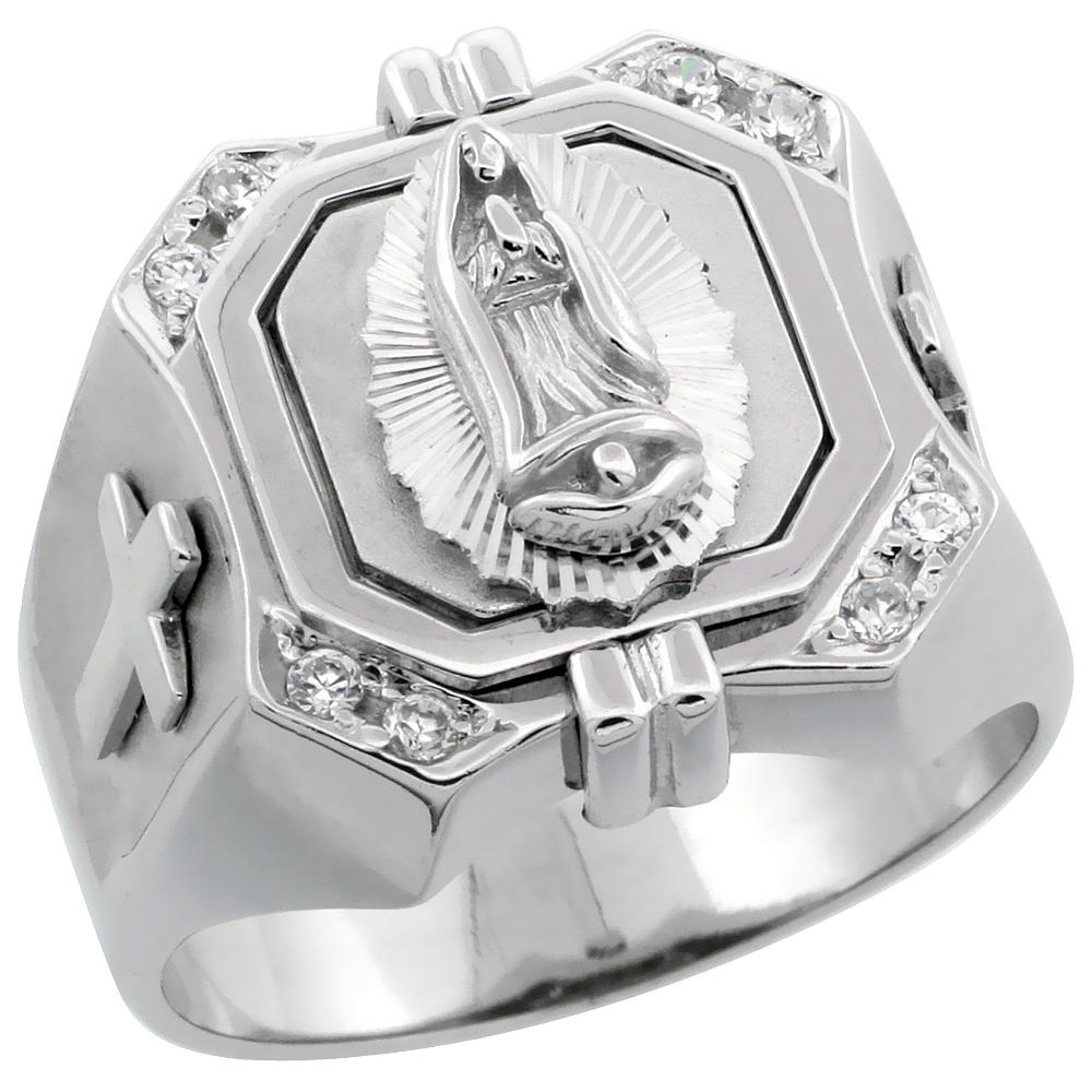 Sabrina Silver Mens Sterling Silver Cubic Zirconia Immaculate Heart of Mary Square Ring Brilliant Cut 3/4 inch wide