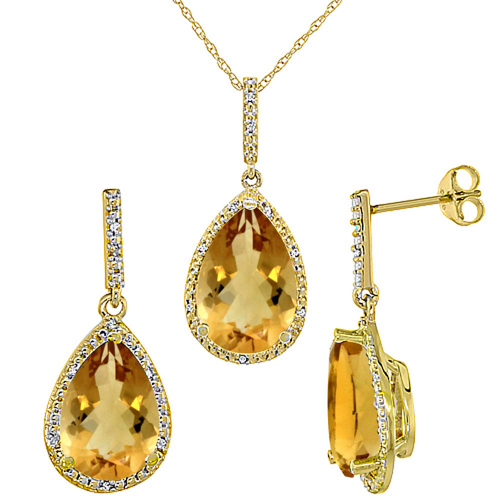 Sabrina Silver 10K Yellow Gold Diamond Natural Citrine Earrings Necklace Set Pear Shaped 12x8mm & 15x10mm, 18 inch long