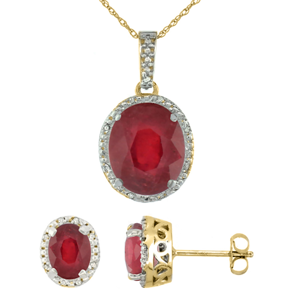 Sabrina Silver 10K Yellow Gold Diamond Halo Enhanced Genuine Ruby Earrings Necklace Set Oval 7x5mm & 12x10mm, 18 inch