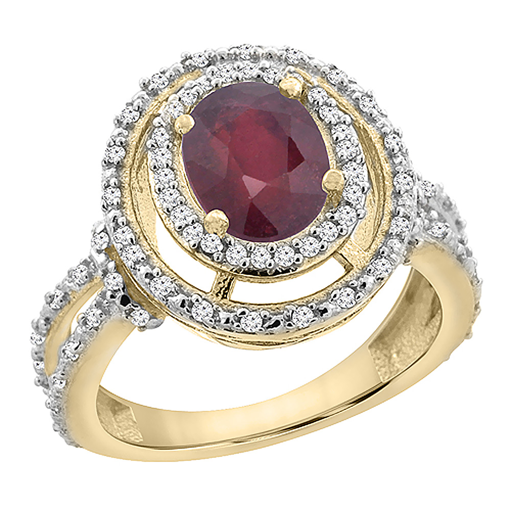 Sabrina Silver 14K Yellow Gold Diamond Double Halo Natural Quality Ruby Engagement Ring Oval 8x6 mm, size 5 - 10