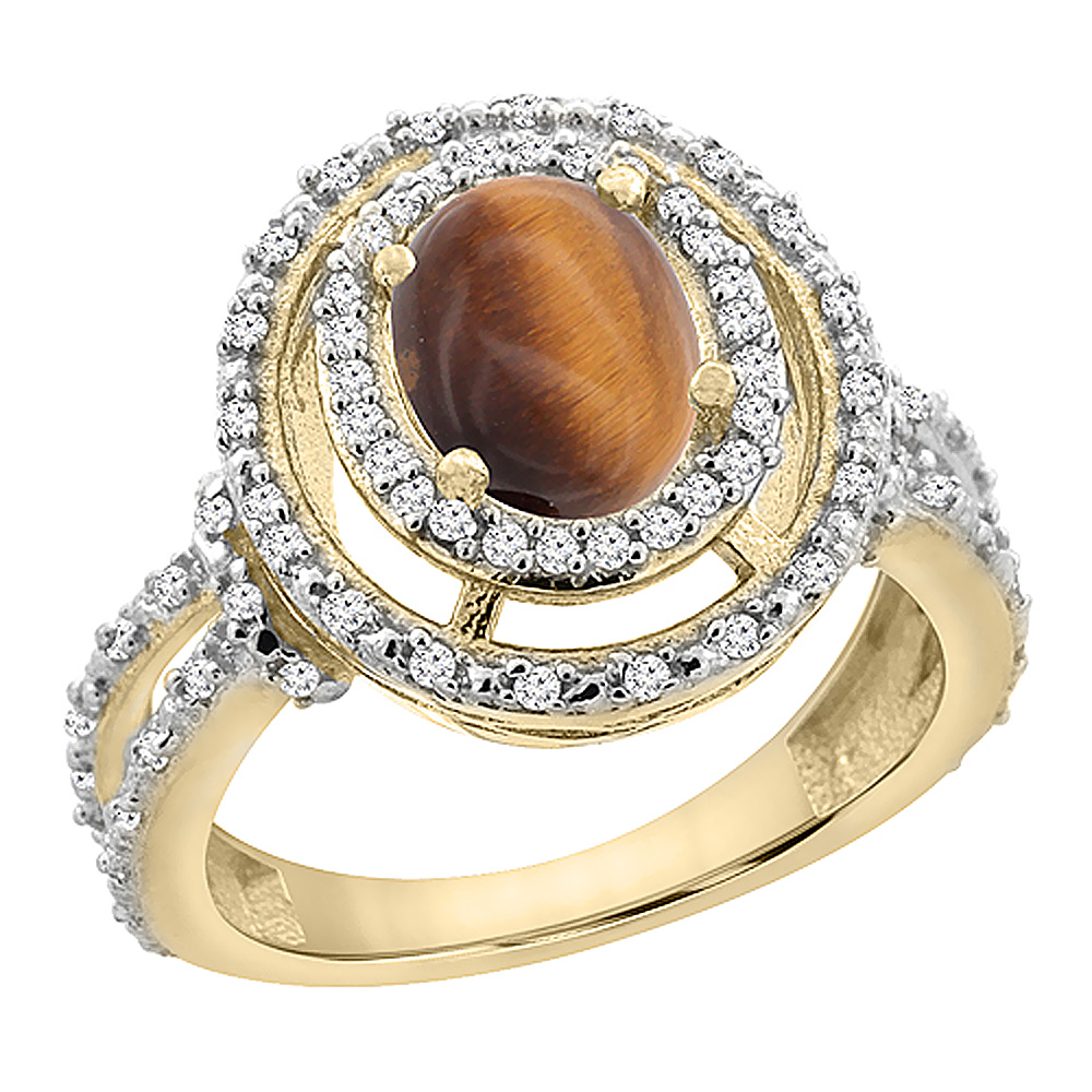 Sabrina Silver 10K Yellow Gold Natural Tiger Eye Ring Oval 8x6 mm Double Halo Diamond  sizes 5 - 10