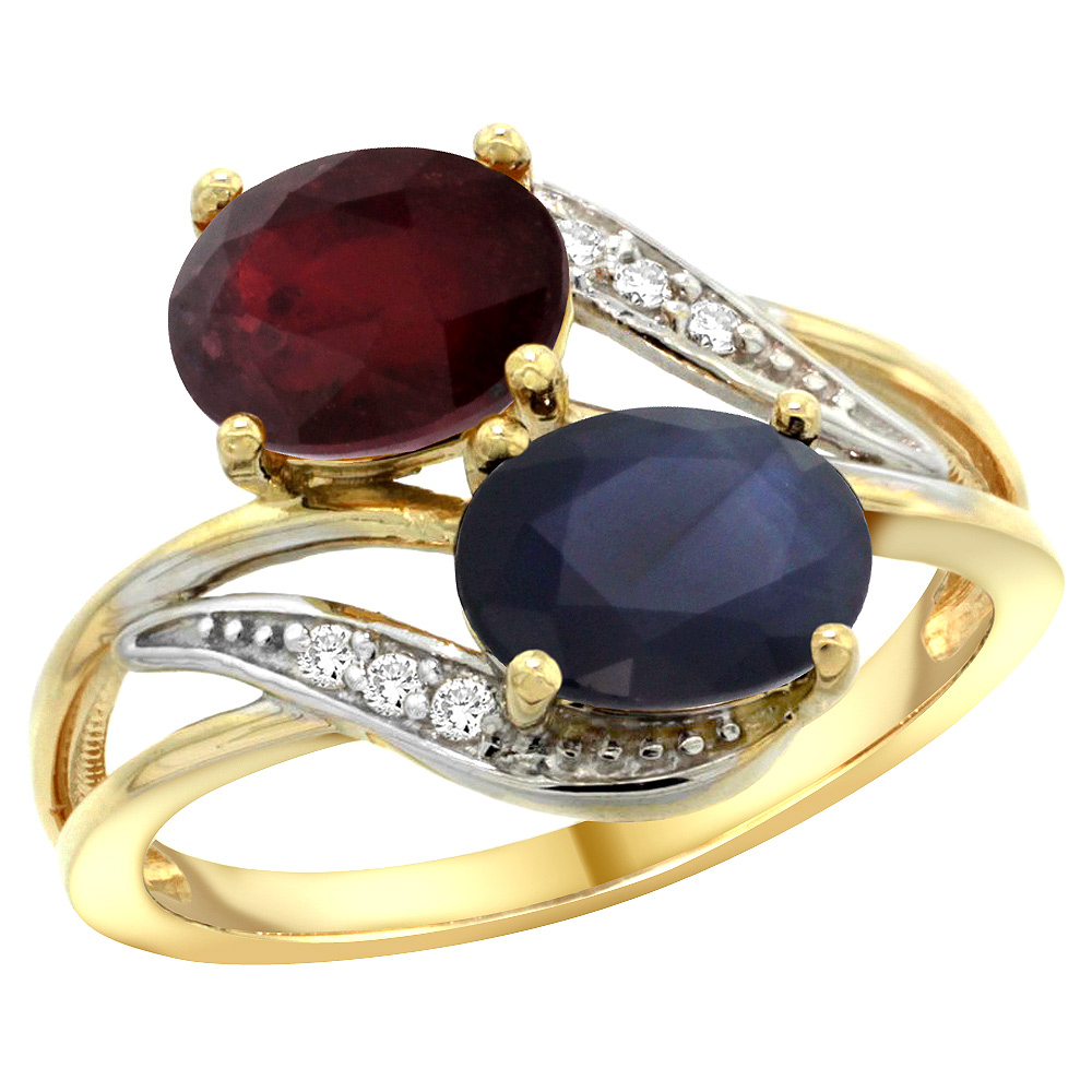 Sabrina Silver 14K Yellow Gold Diamond Natural Quality Ruby&Australian Sapphire 2-stone Mothers Ring Oval 8x6mm,sz5 - 10