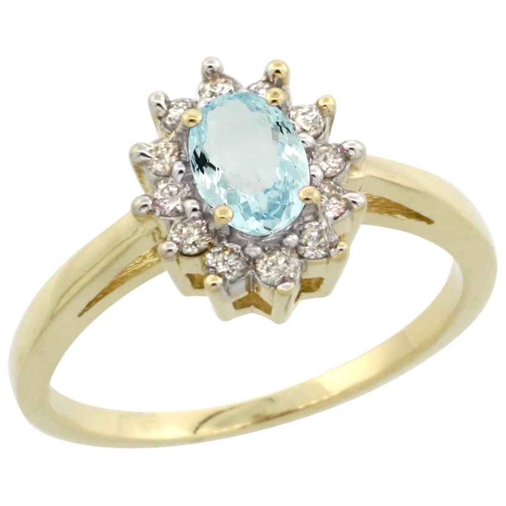 Sabrina Silver 10K Yellow Gold Natural Aquamarine Flower Diamond Halo Ring Oval 6X4mm  sizes 5 10