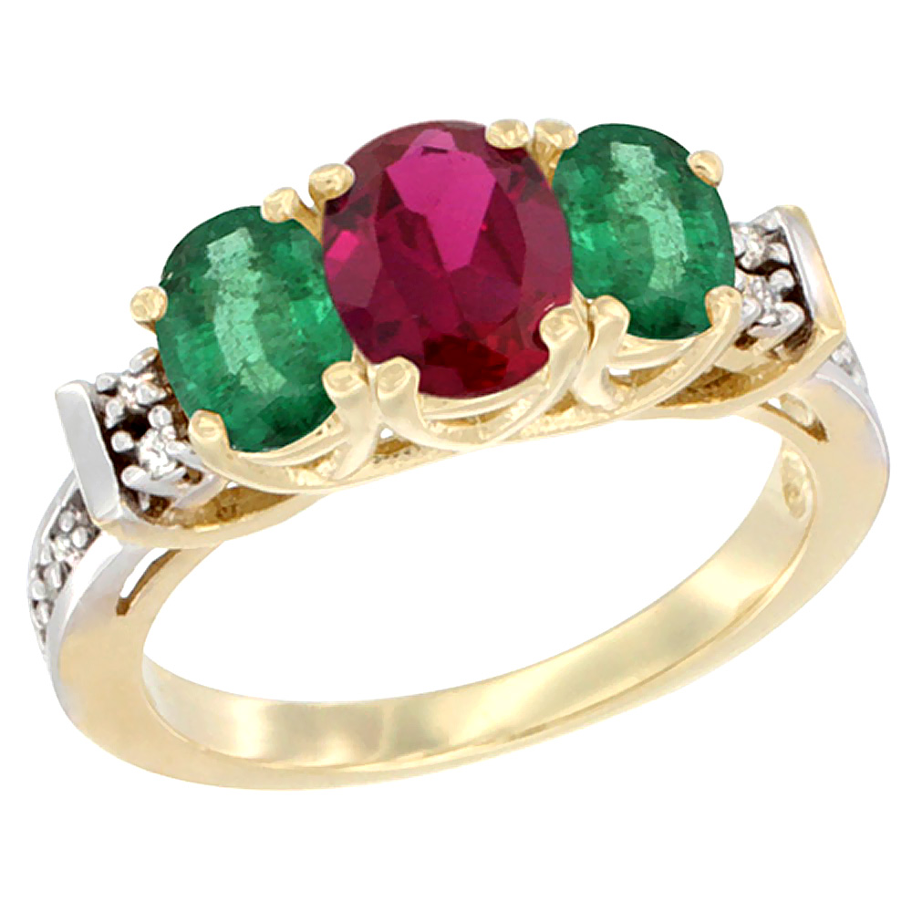 Sabrina Silver 14K Yellow Gold Natural High Quality Ruby & Emerald Ring 3-Stone Oval Diamond Accent