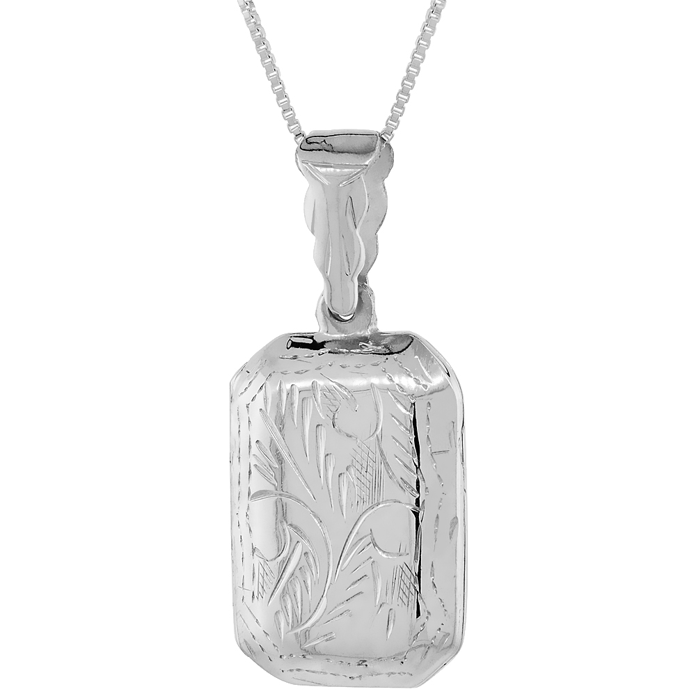 Sabrina Silver Sterling Silver Octagon Locket Necklace 18 inch Engraved Handmade, 7/8 inch