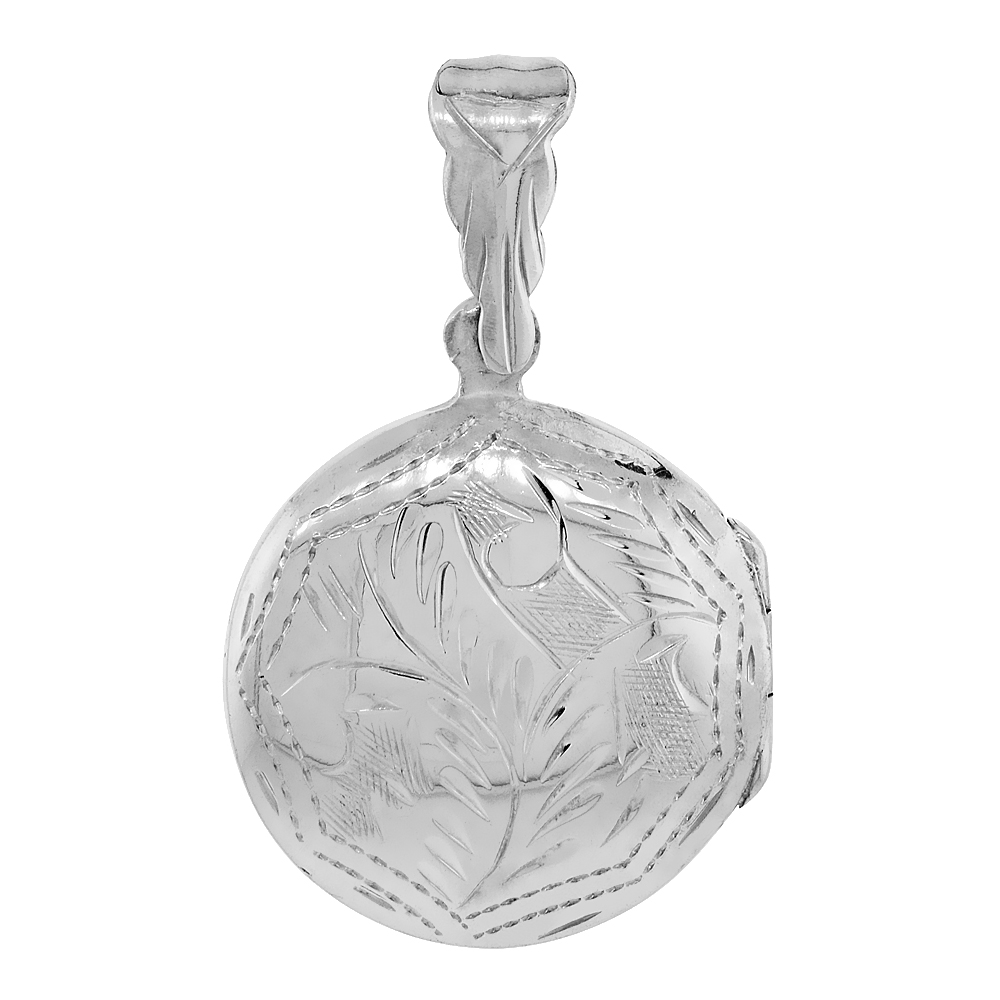 Sabrina Silver Sterling Silver Round Locket Necklace 18 inch Engraved Handmade, 7/8 inch