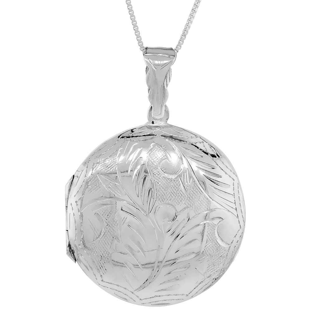 Sabrina Silver Large Sterling Silver Round Locket Necklace 18 inch Engraved Handmade, 1 1/4 inch