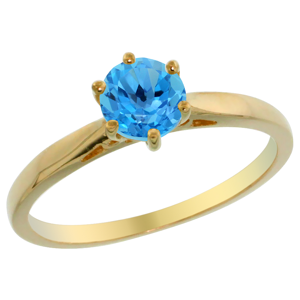 Sabrina Silver 14K Yellow Gold Natural Swiss Blue Topaz Solitaire Ring Round 5mm, sizes 5 - 10