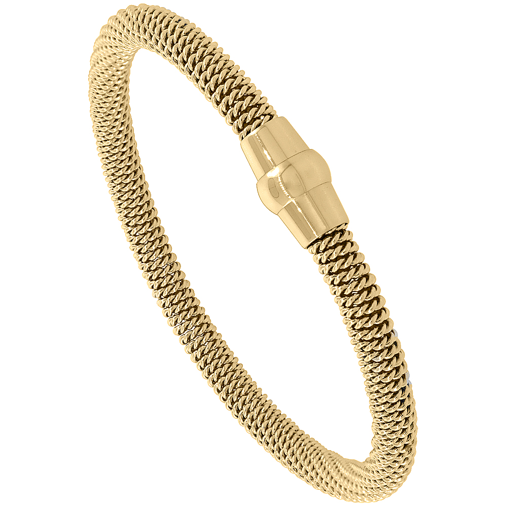 Sabrina Silver Stainless Steel Mesh Magnetic Flexible Bracelet Yellow Gold Plated, 3/16 inch wide