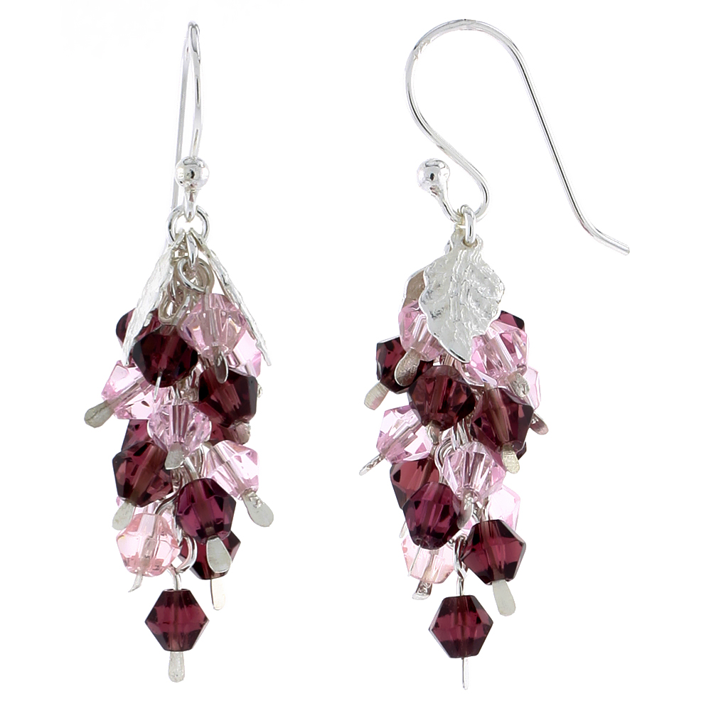 Sabrina Silver Sterling Silver Fish Hook Dangle Cluster Earrings w/ Pink Tourmaline & Garnet-colored Crystals, 1 3/16" (30 mm) tall