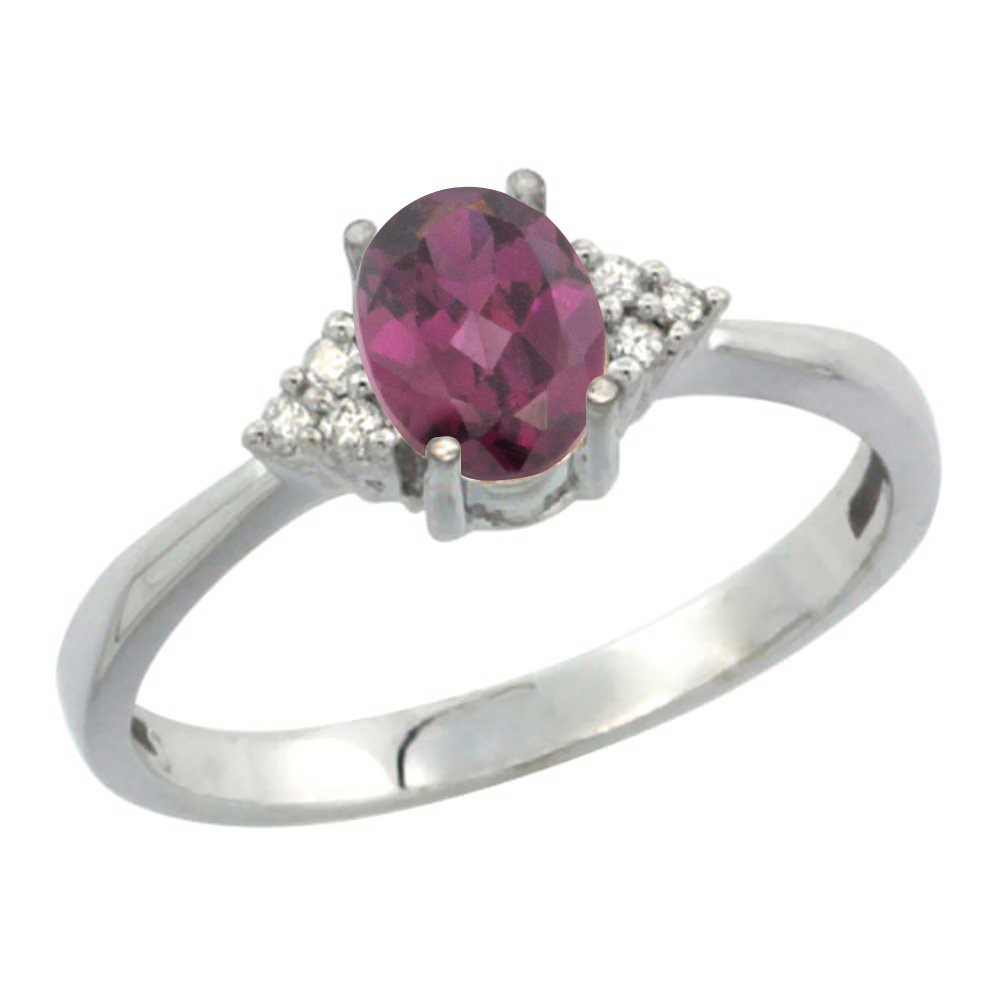 Sabrina Silver 10K White Gold Diamond Natural Rhodolite Engagement Ring Oval 7x5mm, sizes 5-10