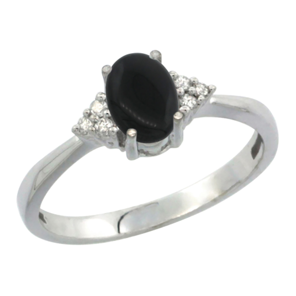 Sabrina Silver 14K White Gold Diamond Natural Black Onyx Engagement Ring Oval 7x5mm, sizes 5-10