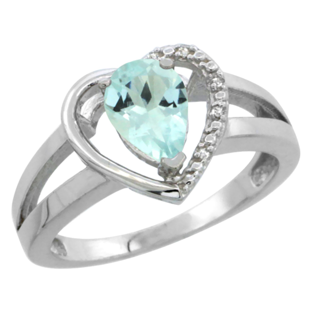 Sabrina Silver 14K White Gold Natural Aquamarine Heart Ring Pear 7x5 mm Diamond Accent, sizes 5-10