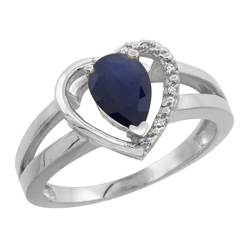 Sabrina Silver 14K White Gold Natural Blue Sapphire Heart Ring Pear 7x5 mm Diamond Accent, sizes 5-10