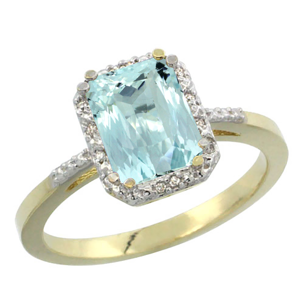 Sabrina Silver 14K Yellow Gold Natural Aquamarine Ring Emerald-shape 8x6mm Diamond Accent, sizes 5-10
