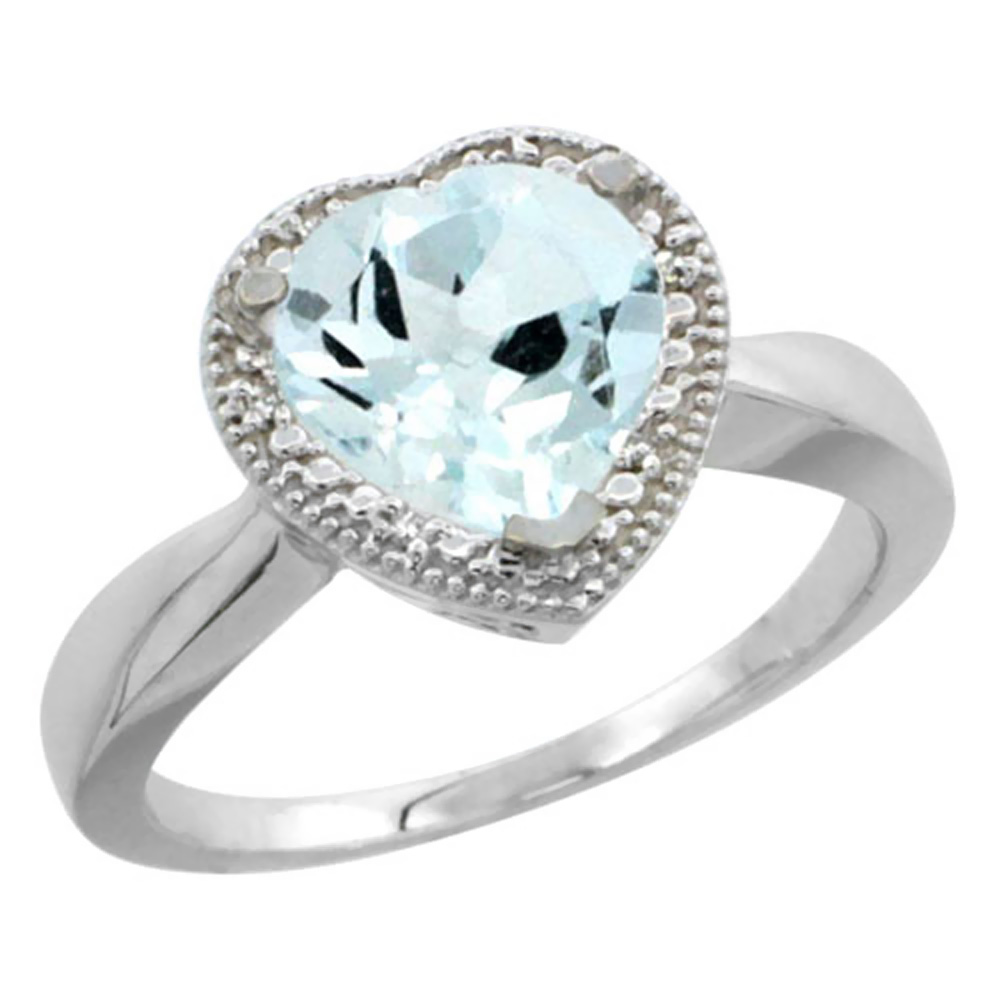 Sabrina Silver 14K White Gold Natural Aquamarine Ring Heart 8x8mm Diamond Accent, sizes 5-10