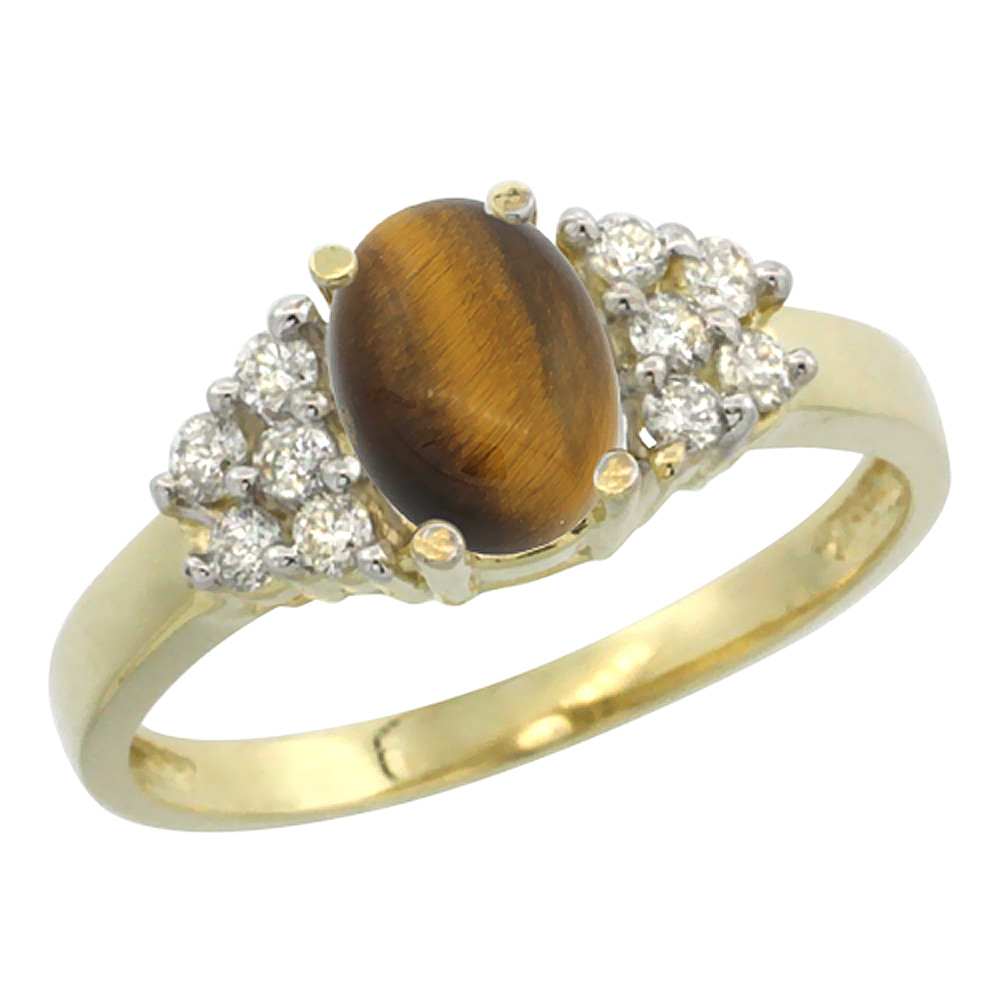 Sabrina Silver 10K Yellow Gold Natural Tiger Eye Ring Oval 8x6mm Diamond Accent, sizes 5-10