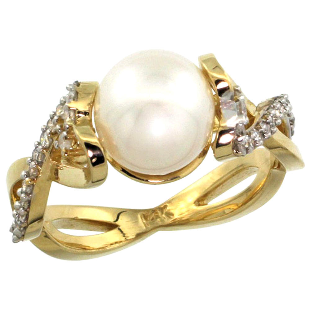 Sabrina Silver 14k Yellow Gold Infinity Ring with 0.32 cttw Diamonds & 9mm White Pearl, 3/8 inch wide