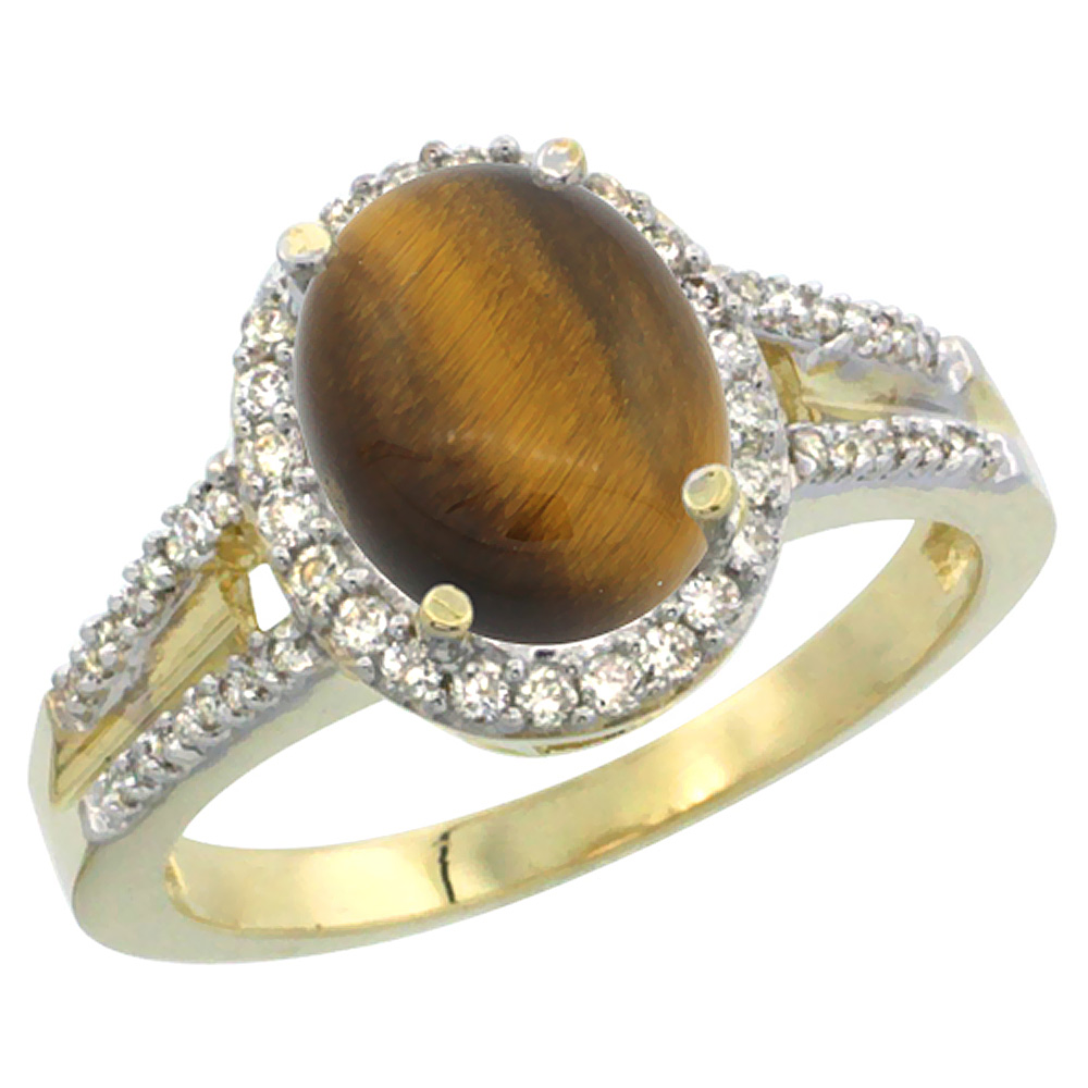 Sabrina Silver 10K Yellow Gold Diamond Natural Tiger Eye Engagement Ring Oval 10x8mm, sizes 5-10