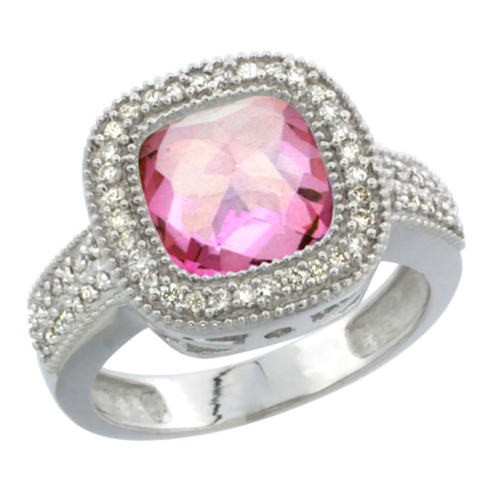 Sabrina Silver 14K White Gold Natural Pink Topaz Ring Cushion-cut 9x9mm Diamond Accent, sizes 5-10