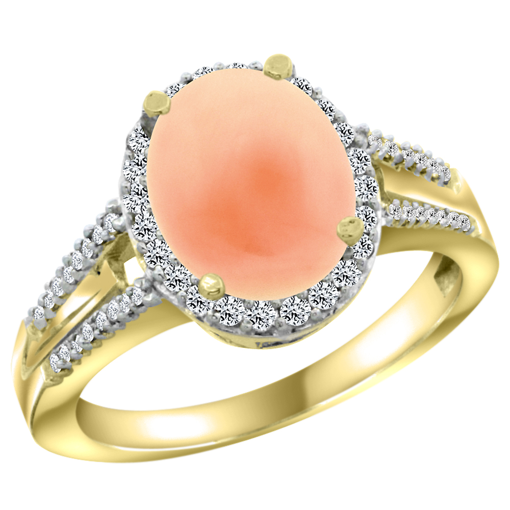 Sabrina Silver 14K Yellow Gold Diamond Natural Coral Engagement Ring Oval 10x8mm, sizes 5-10