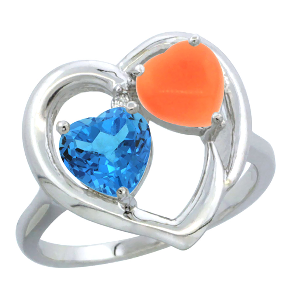 Sabrina Silver 14K White Gold Diamond Two-stone Heart Ring 6mm Natural Swiss Blue Topaz & Coral, sizes 5-10