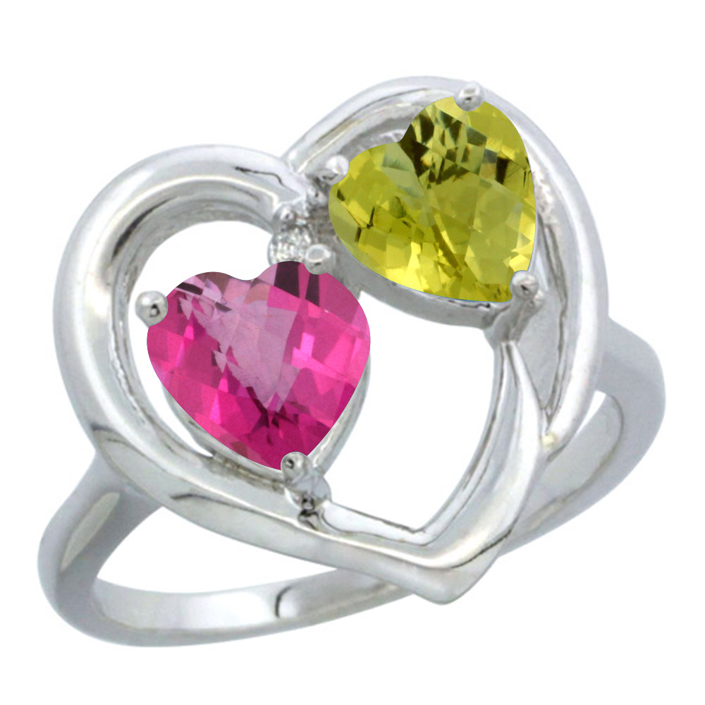 Sabrina Silver 14K White Gold Diamond Two-stone Heart Ring 6 mm Natural Pink Topaz & Lemon Quartz, sizes 5-10