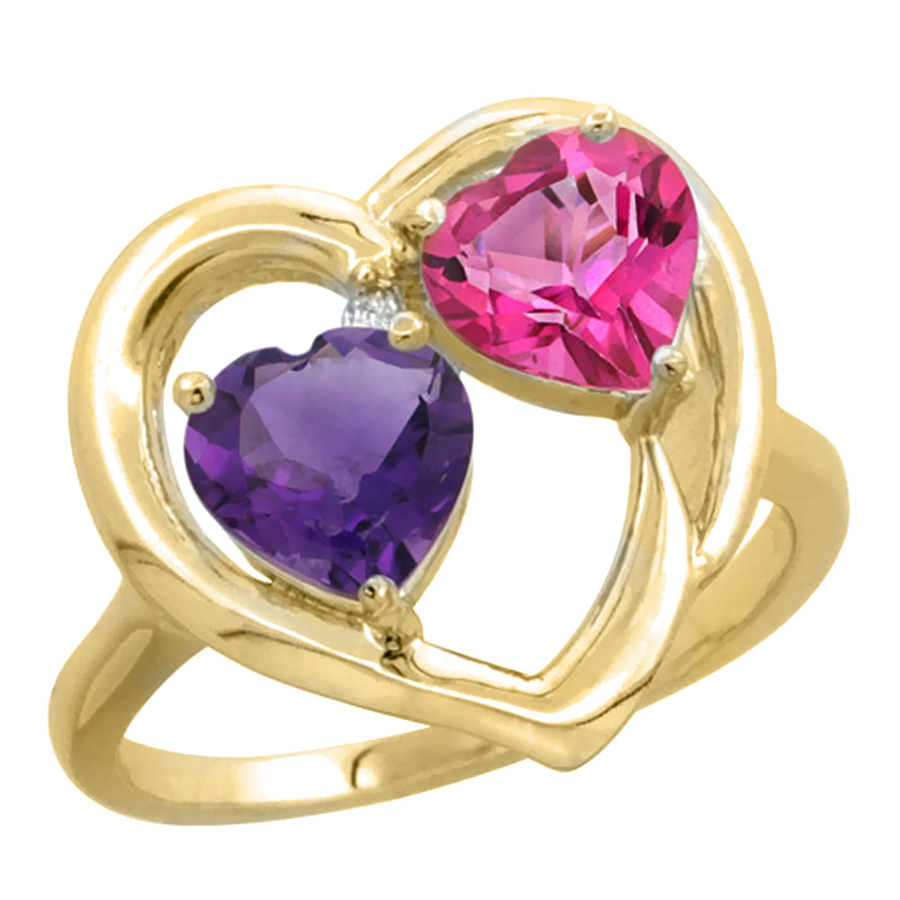 Sabrina Silver 14K Yellow Gold Diamond Two-stone Heart Ring 6mm Natural Amethyst & Pink Topaz, sizes 5-10