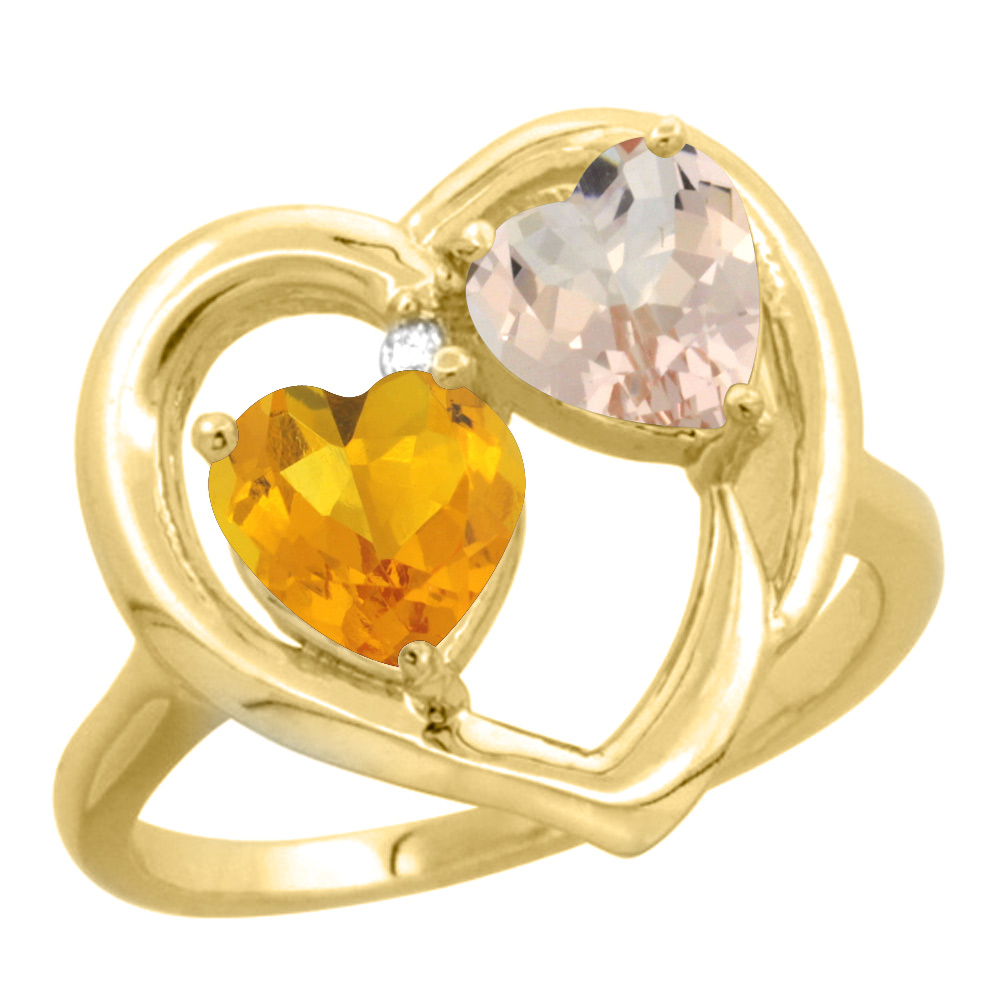 Sabrina Silver 14K Yellow Gold Diamond Two-stone Heart Ring 6mm Natural Citrine & Morganite, sizes 5-10