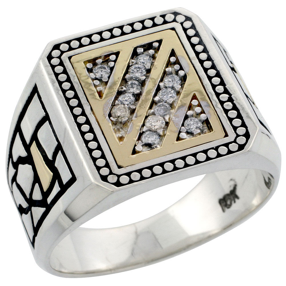 Sabrina Silver 10k Gold & Sterling Silver 2-Tone Men"s Diagonal Stripe Diamond Ring with 0.16 ct. Brilliant Cut Diamonds, 5/8 inch wide