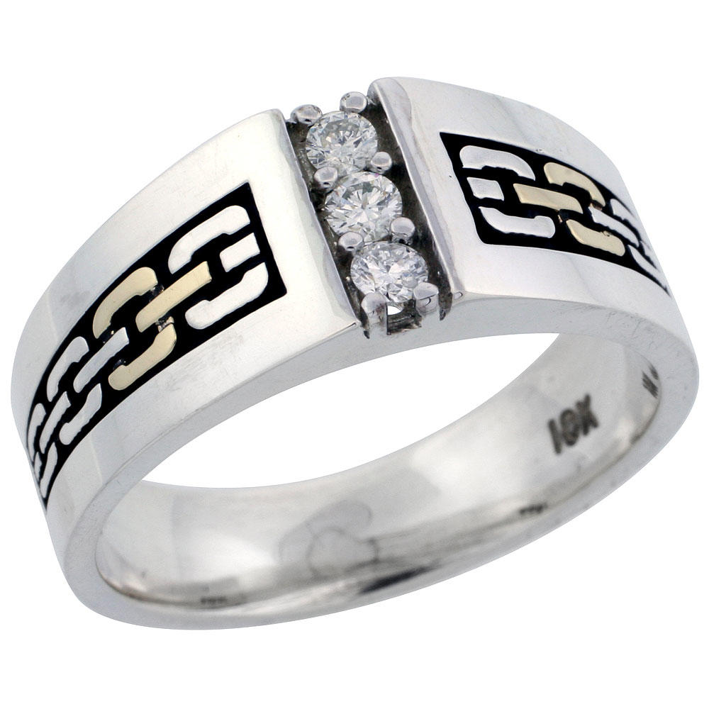 Sabrina Silver 10k Gold & Sterling Silver 2-Tone Men"s 3-Stone Chain Link Design Diamond Ring with 0.18 ct. Brilliant Cut Diamonds, 3/8 inch wi